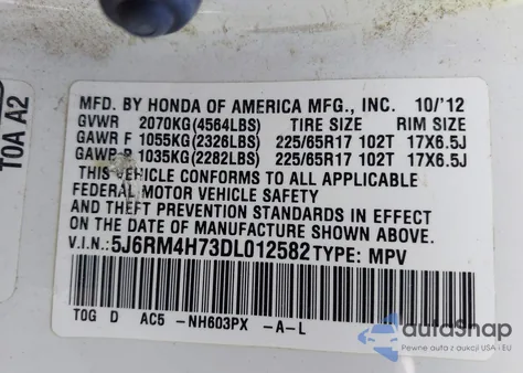 2013 Honda Cr-V Ex-L from USA, damaged, VIN 5J6RM4H73DL012582